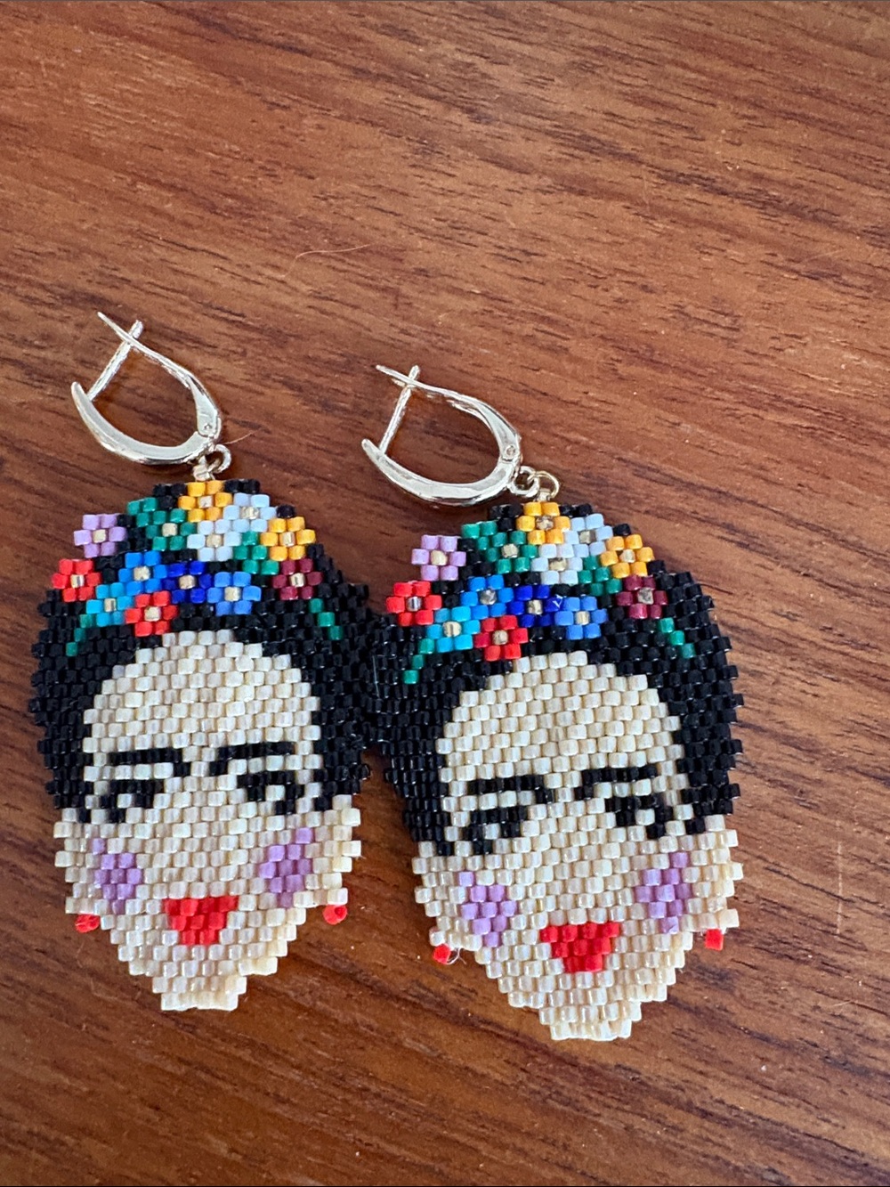 Handmade Frida Kahlo Beaded Earrings in Black and Multicolor